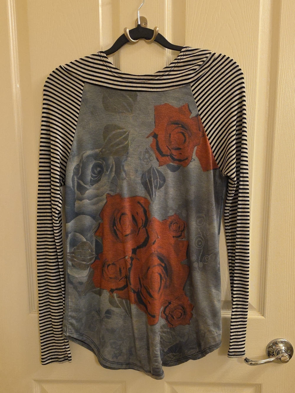 Casa Lee Mixed Media Striped Raglan Top with Red Rose Print